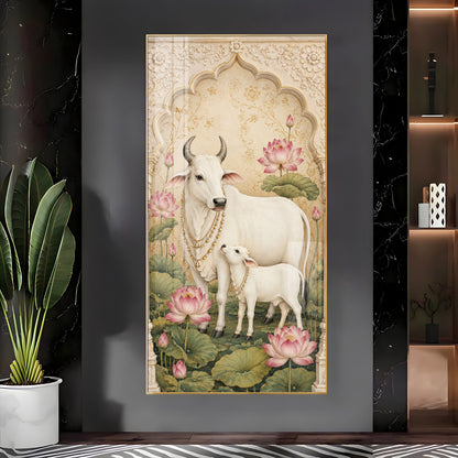 Divine Kamdhenu Cow with Calf Traditional Lotus Premium Acrylic Vertical Wall Art