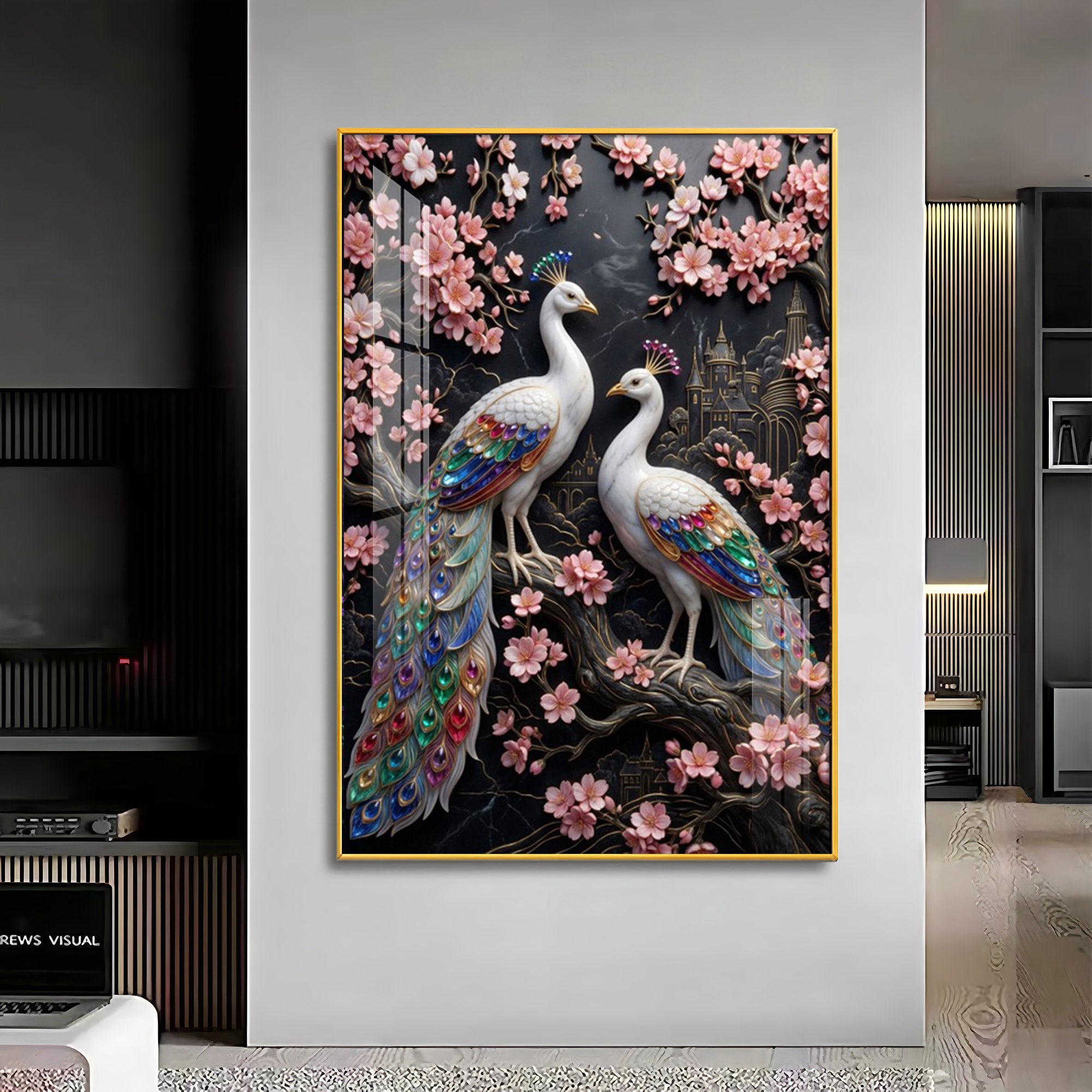 White Peacock Pair Premium Acrylic Vertical Wall Art