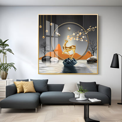 Golden Deer With Elegance Premium Acrylic Square Wall Art