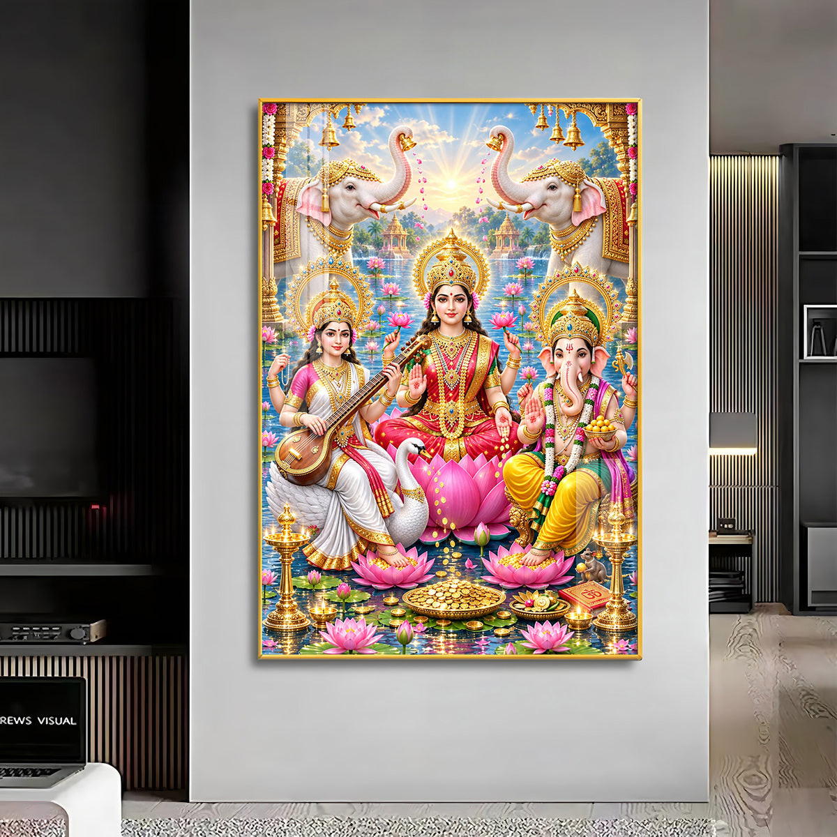 Lord Ganesh, Maa Laxmi & Maa Saraswati Premium Acrylic Vertical Wall Art