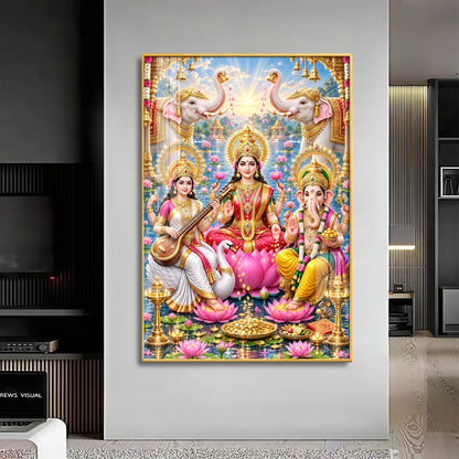 Lord Ganesh, Maa Laxmi & Maa Saraswati Premium Acrylic Vertical Wall Art