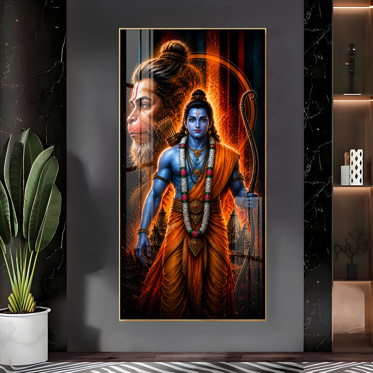 Sacred Lord Rama & Hanuman Divine Aura Premium Acrylic Vertical Wall Art