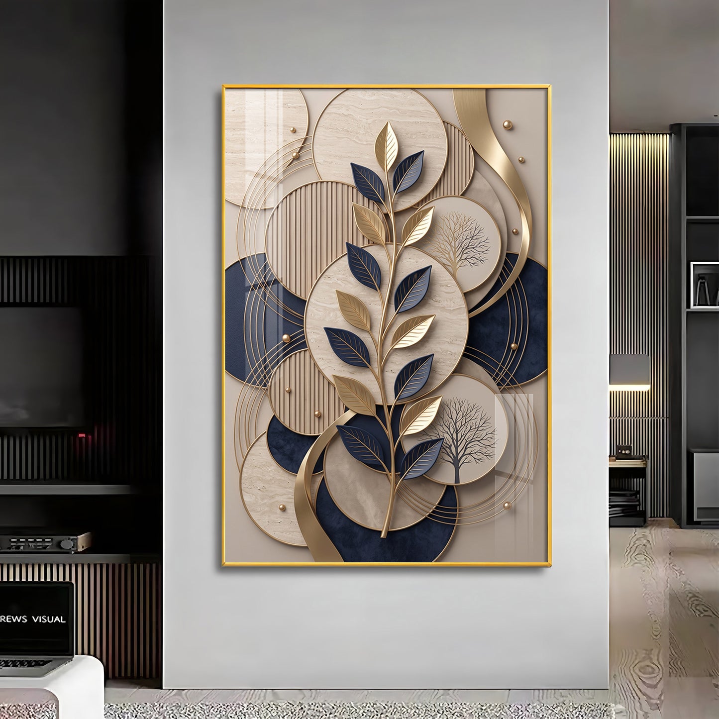 Luxury Navy Blue & Gold Leaves Premium Acrylic Vertical Wall Art