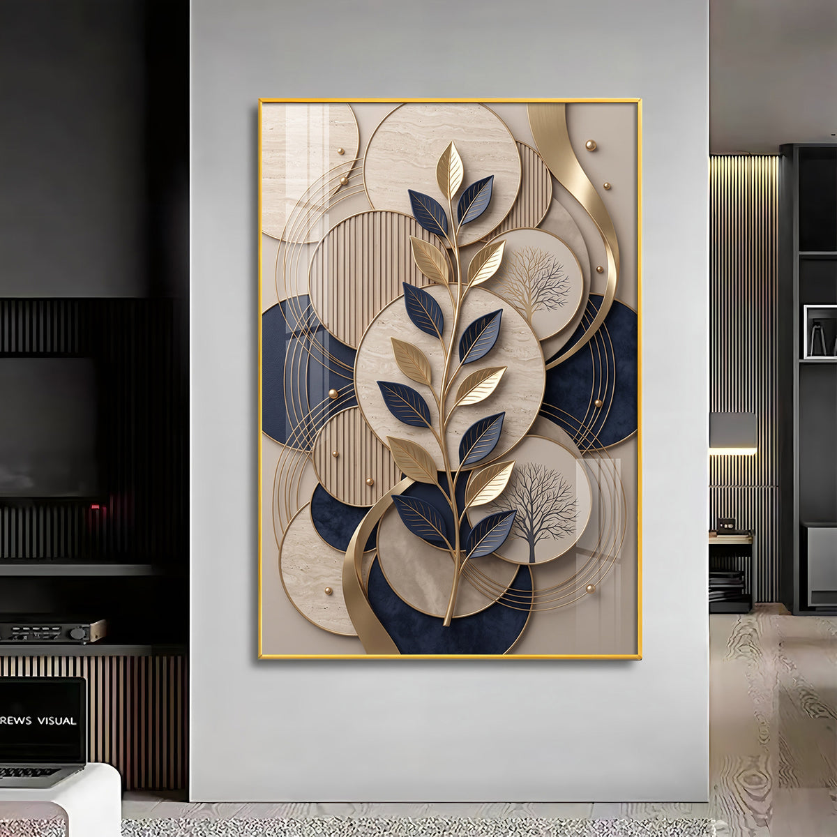 Luxury Navy Blue & Gold Leaves Premium Acrylic Vertical Wall Art