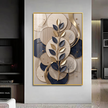 Luxury Navy Blue & Gold Leaves Premium Acrylic Vertical Wall Art