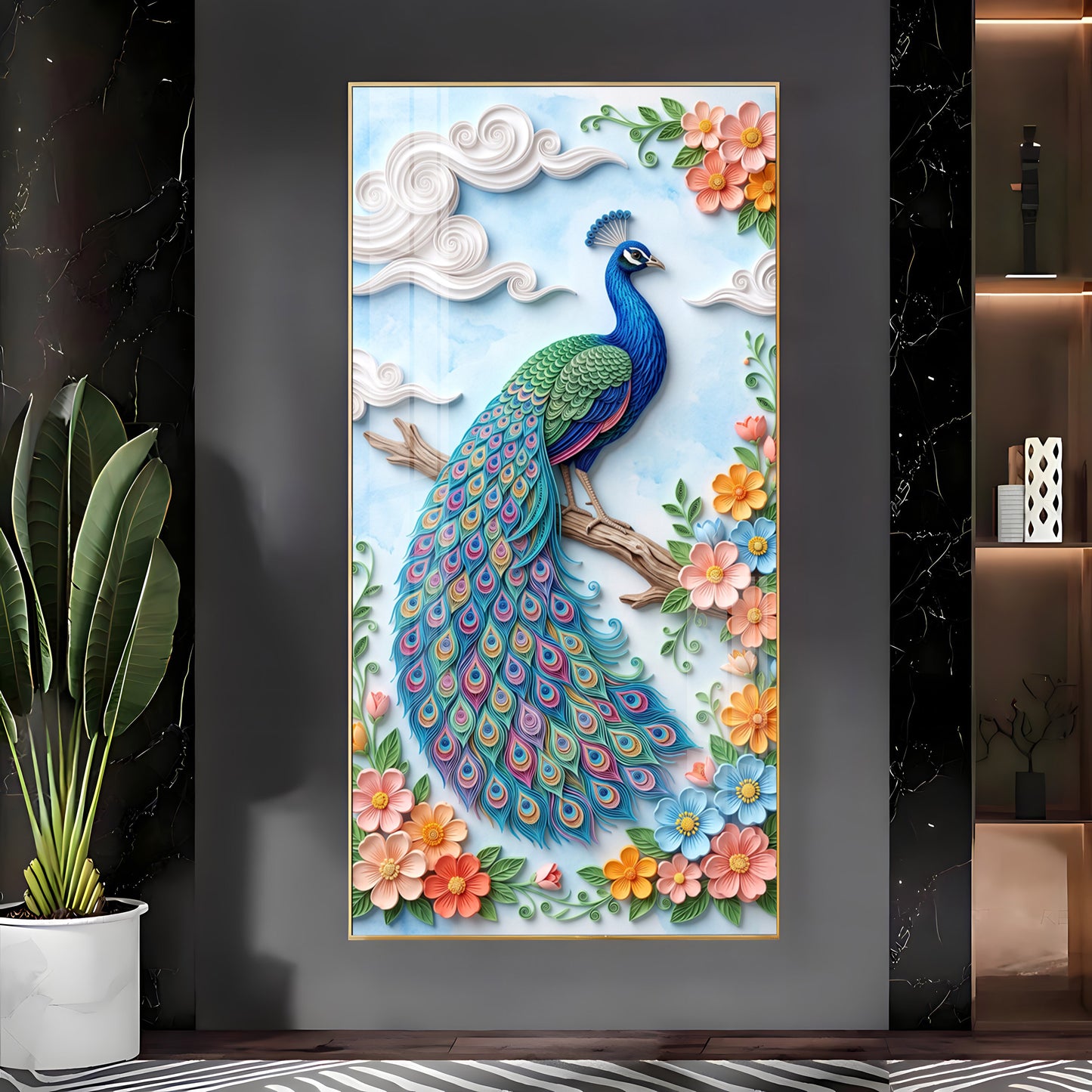 Elegant Pastel Floral Quilling Style Peacock Premium Acrylic Vertical Wall Art