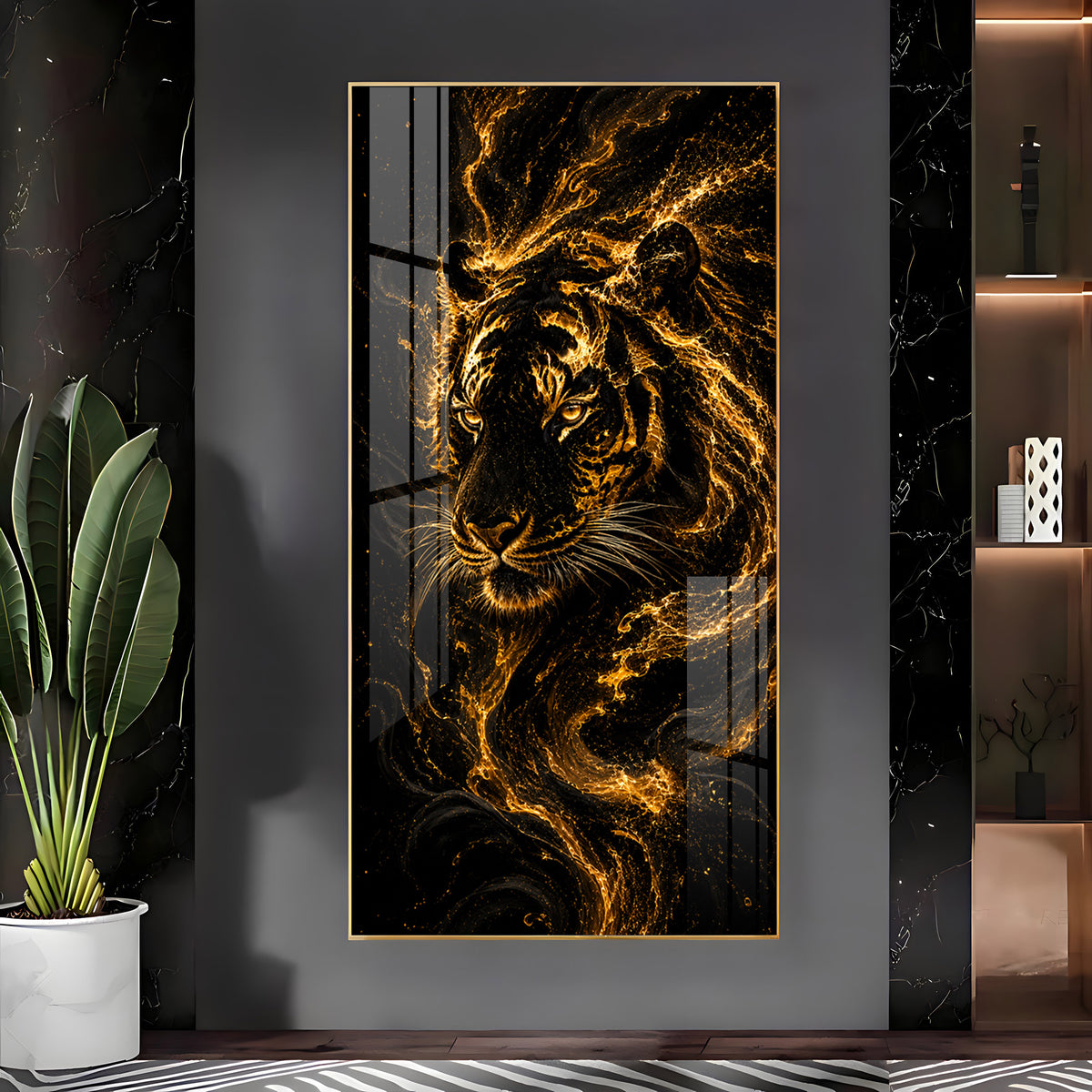 Majestic Golden Fire Tiger Premium Acrylic Vertical Wall Art