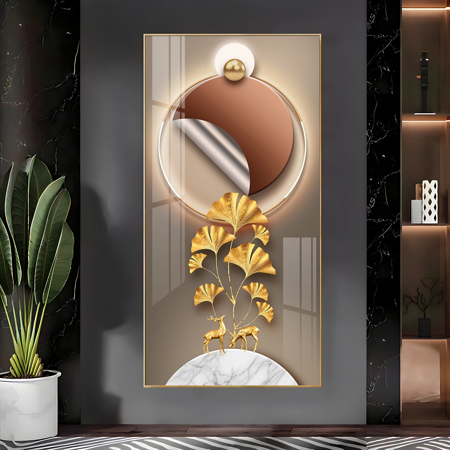 Golden Deer & Ginkgo Leaves Premium Acrylic Vertical Wall Art