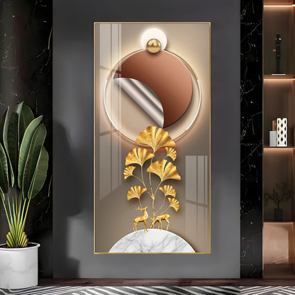 Golden Deer & Ginkgo Leaves Premium Acrylic Vertical Wall Art
