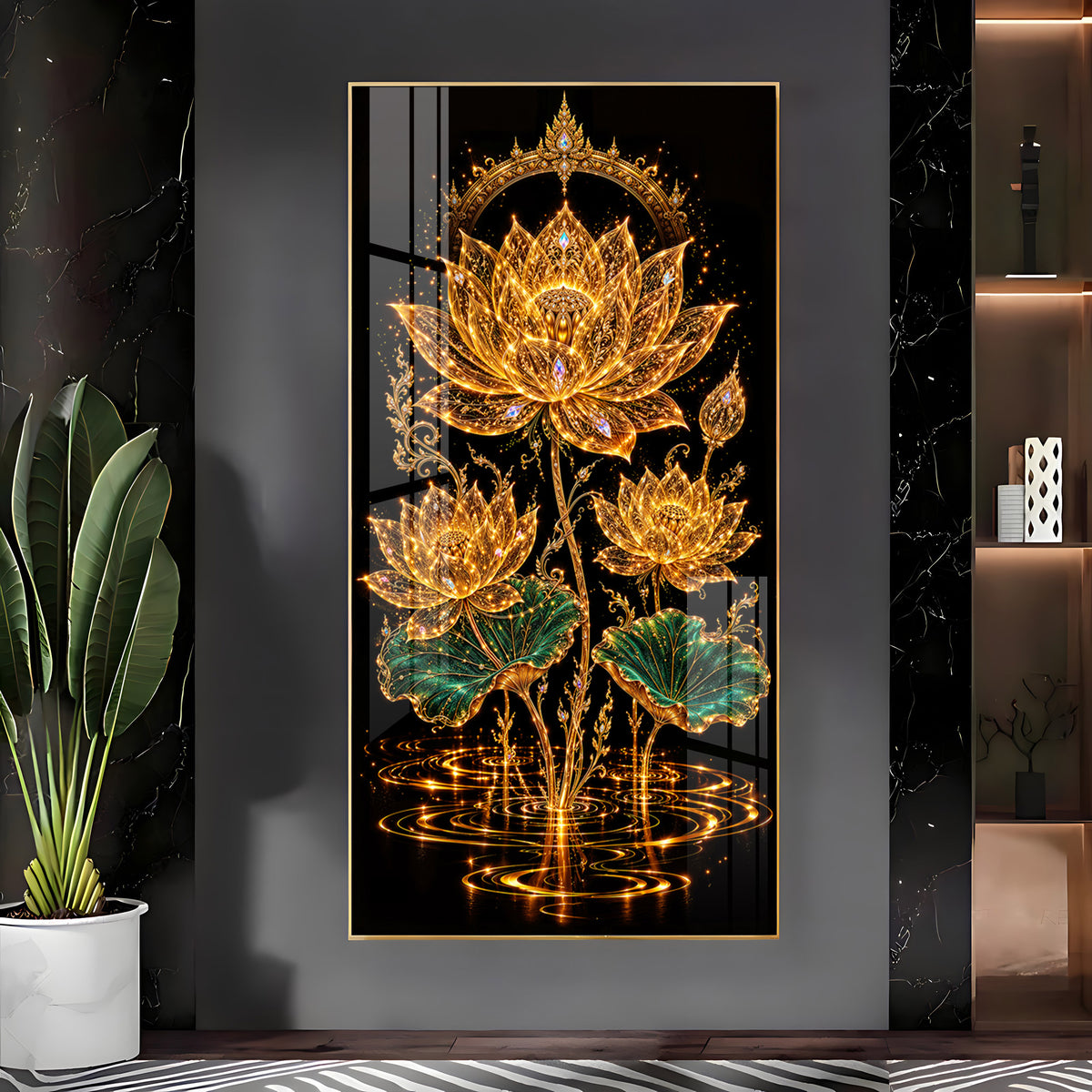 Sacred Golden Lotus Bloom Premium Acrylic Vertical Wall Art