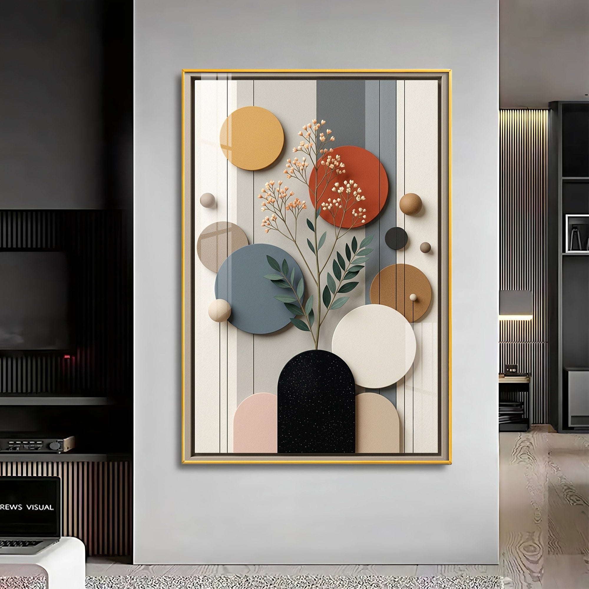 Modern Geometric Spheres with Floral Branch Premium Acrylic Vertical Wall Art