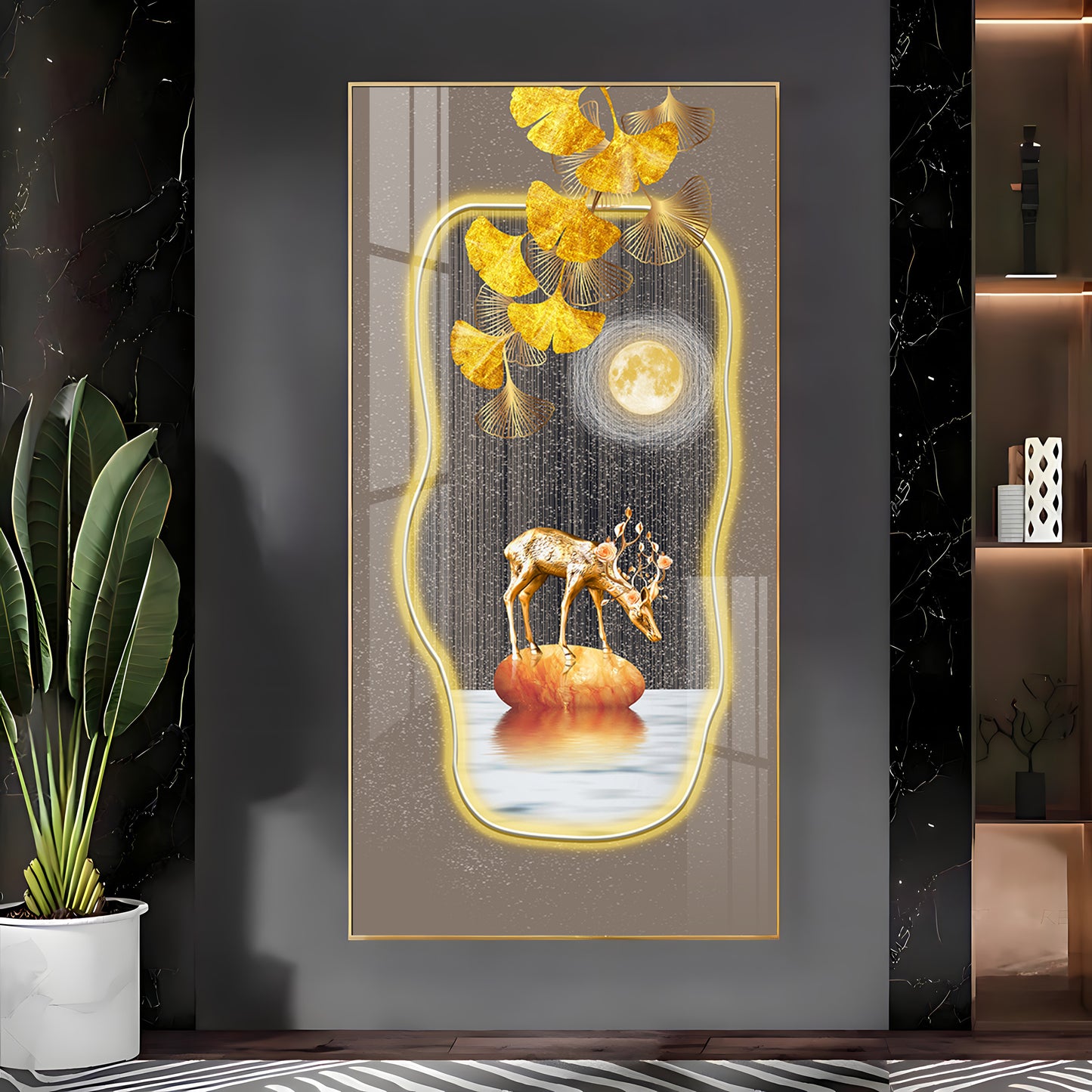 Golden Deer & Gingko Premium Acrylic Vertical Wall Art
