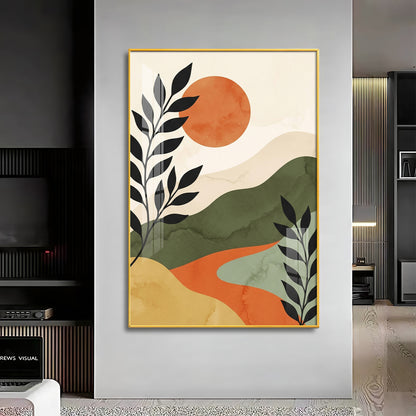 Earth-Toned Mountains & Red Moon Premium Acrylic Vertical Wall Art