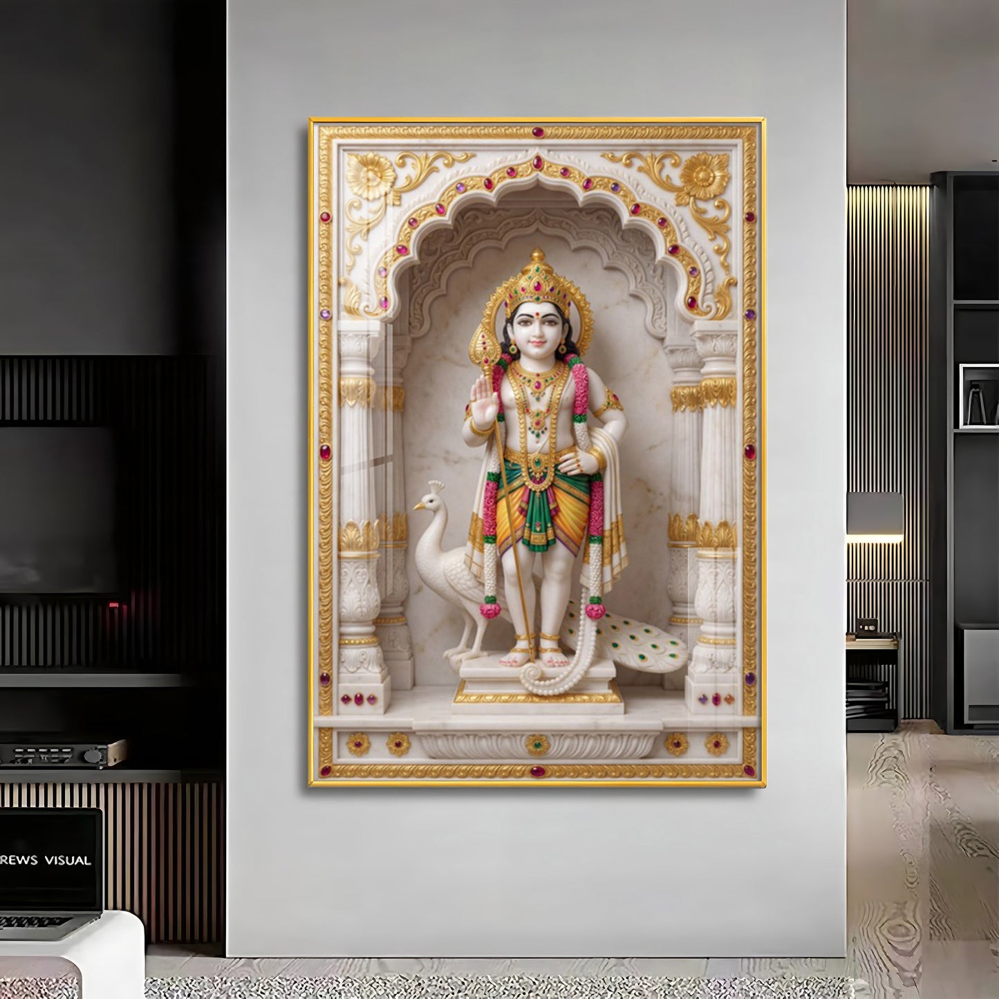 Lord Murugan With White Peacock Premium Acrylic Vertical Wall Art