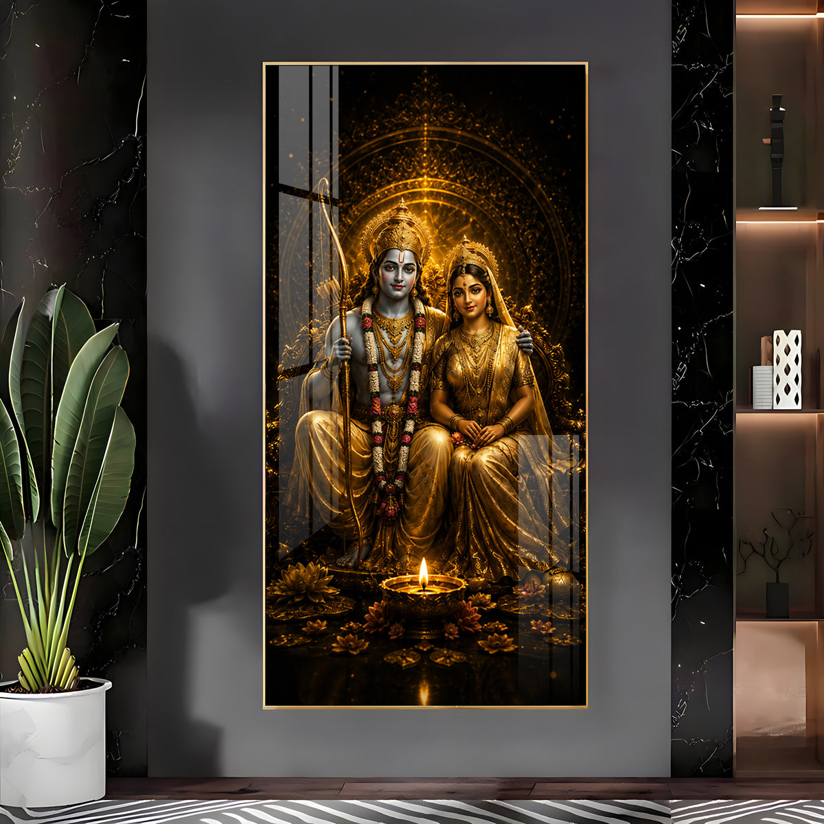 Divine Lord Rama & Sita Golden Premium Acrylic Vertical Wall Art