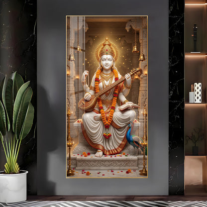 Divine Harmony Of Saraswati Maa Premium Acrylic Vertical Wall Art