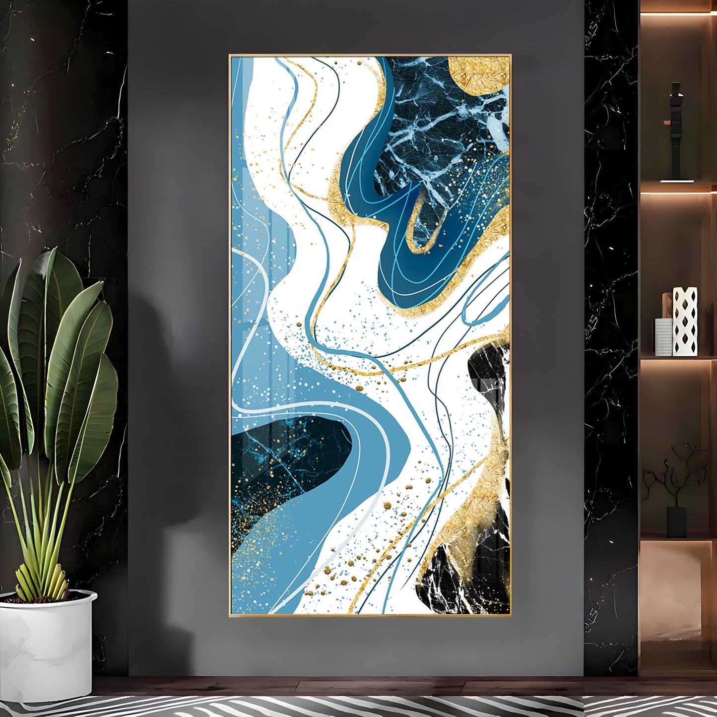 Stylized Fans In Gold & Blue Tones Premium Acrylic Vertical Wall Art