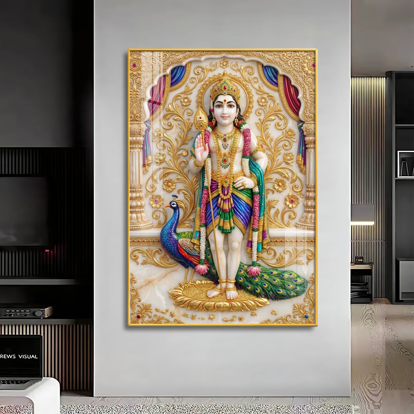 Lord Murugan With Peacock Premium Acrylic Vertical Wall Art