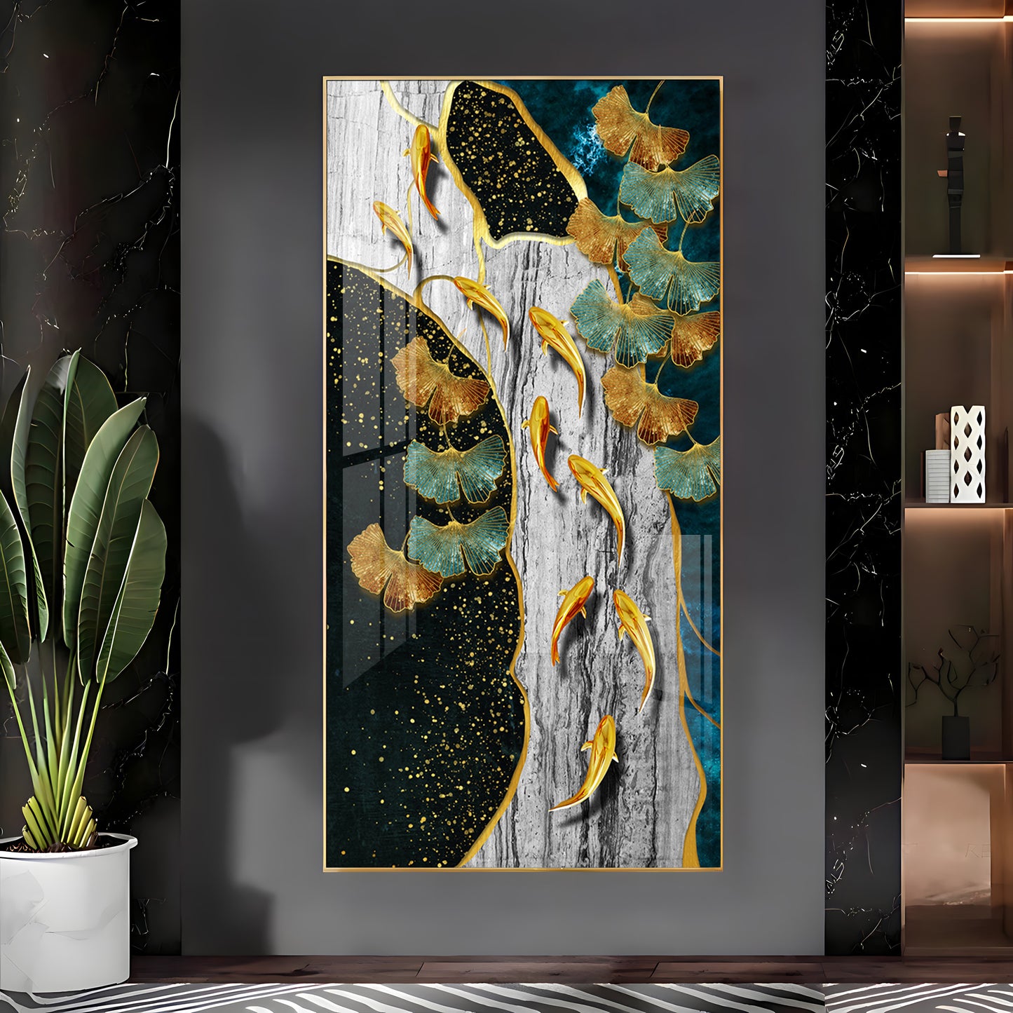 Gold Fish & Feathers Premium Acrylic Vertical Wall Art