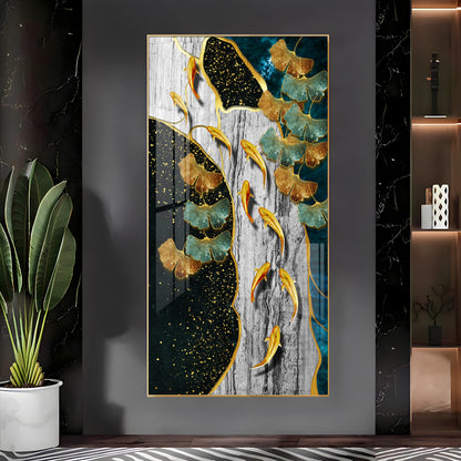 Gold Fish & Feathers Premium Acrylic Vertical Wall Art