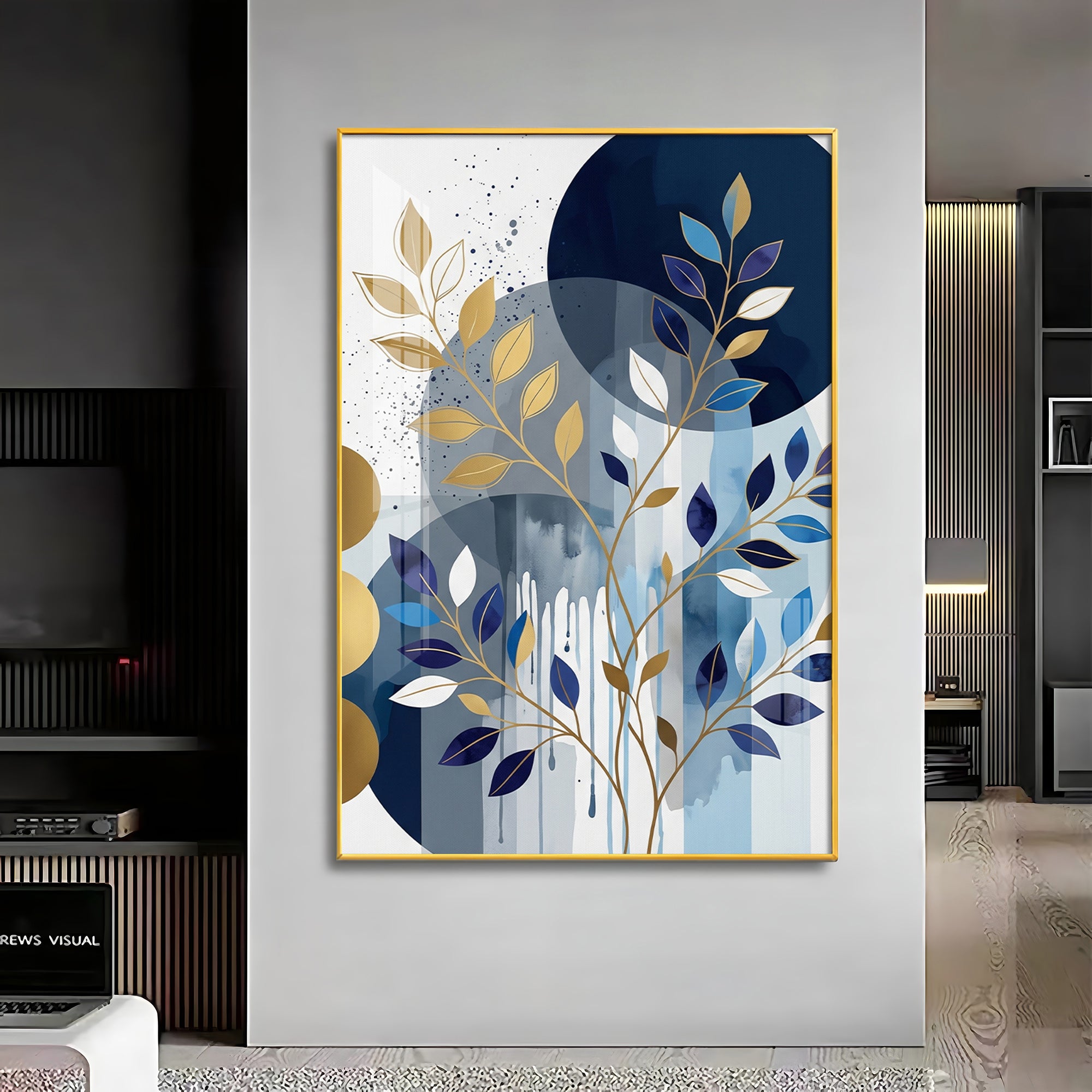 Colourfull Leaves Against Blue & Gold Circles Premium Acrylic Vertical Wall Art