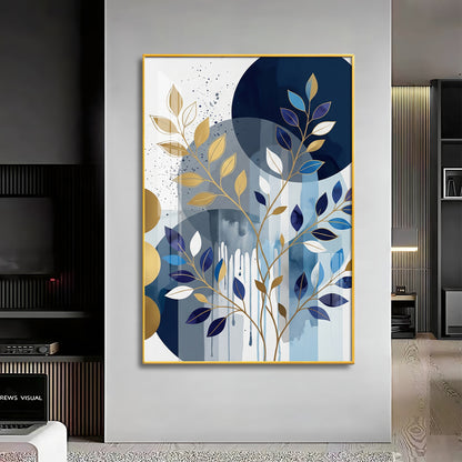 Colourfull Leaves Against Blue & Gold Circles Premium Acrylic Vertical Wall Art