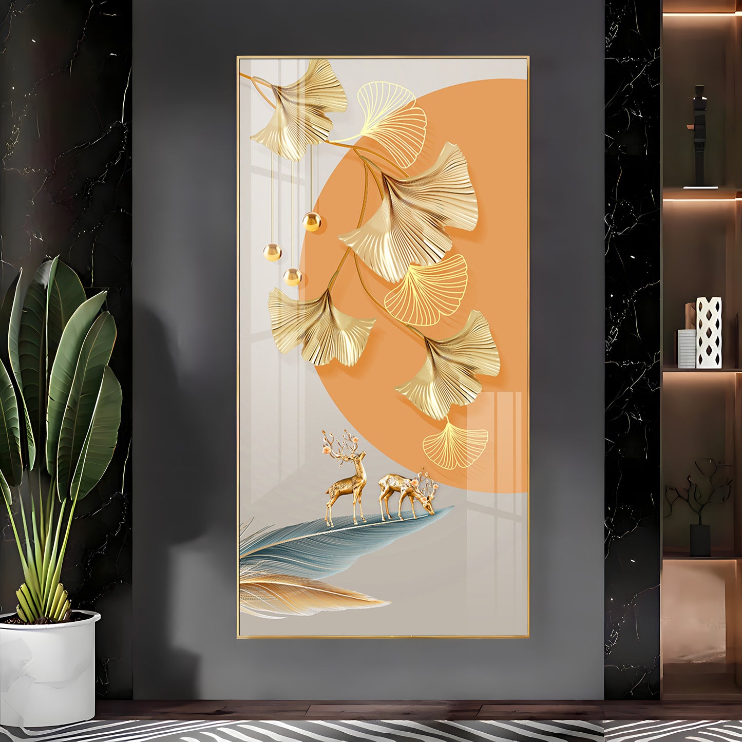 Golden Ginkgo Leaves Deer Premium Acrylic Vertical Wall Art