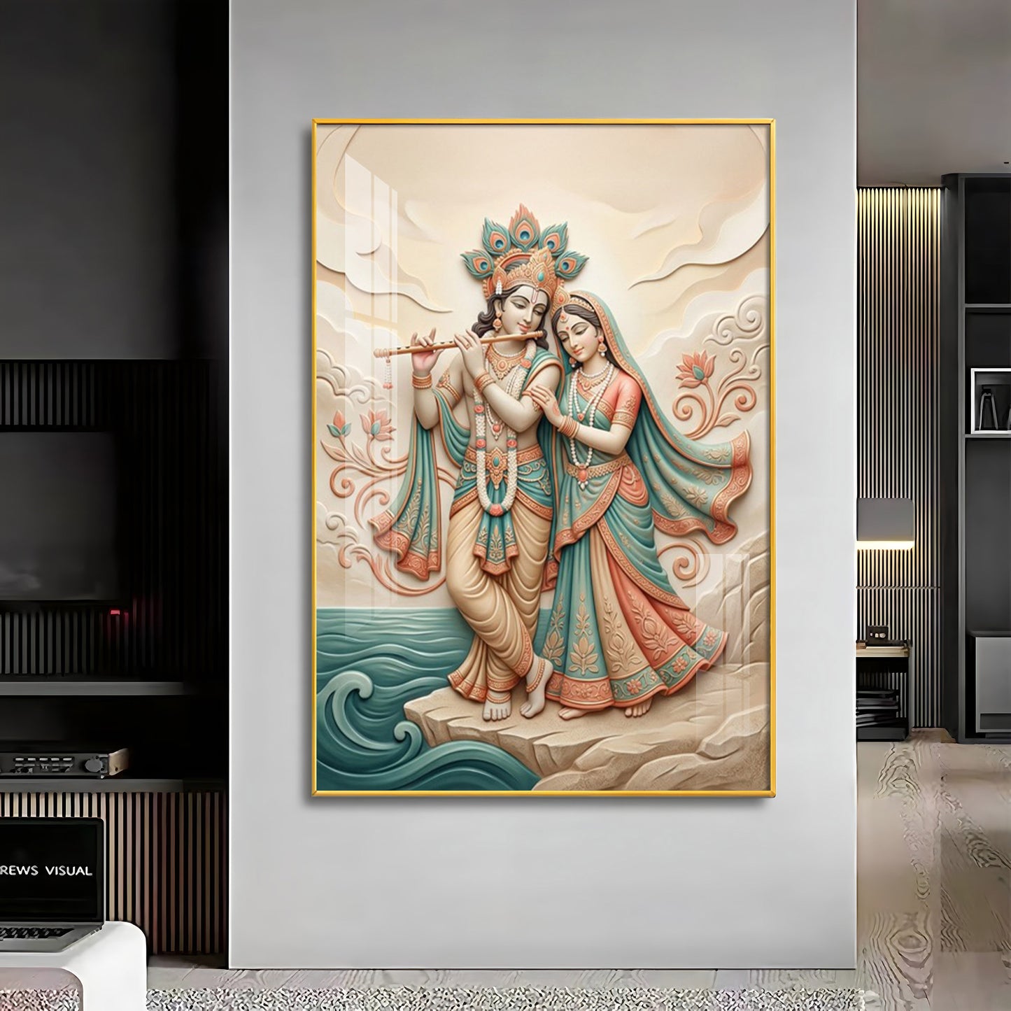 Radha Krishna Standing Together Premium Acrylic Vertical Wall Art