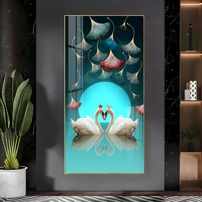 Couple Swan With Ginkgo Leaves Premium Acrylic Vertical Wall Art