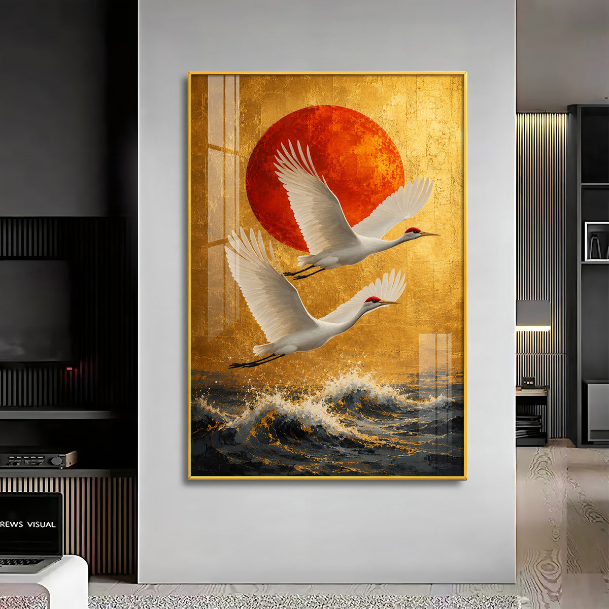 Cranes Over the Ocean & Red Sun Premium Acrylic Vertical Wall Art
