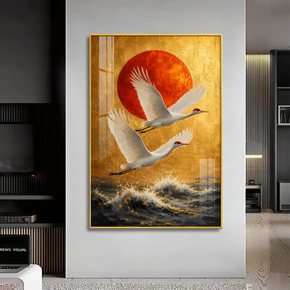Cranes Over the Ocean & Red Sun Premium Acrylic Vertical Wall Art