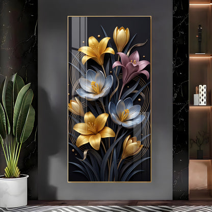 Metallic Floral Bouquet Gold & Blue Lilies Premium Acrylic Vertical Wall Art