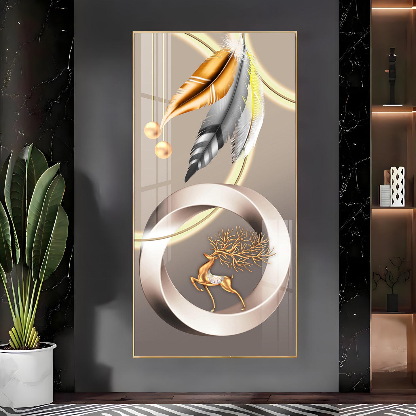 Deer With Gold & Silver Feather Premium Acrylic Vertical Wall Art