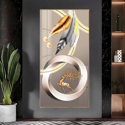 Deer With Gold & Silver Feather Premium Acrylic Vertical Wall Art