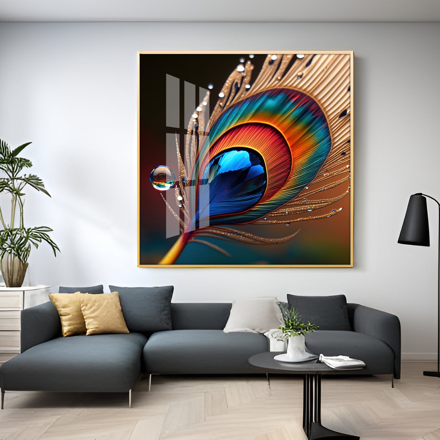 Vibrant Color Peacock Feather Premium Square Vertical Wall Art