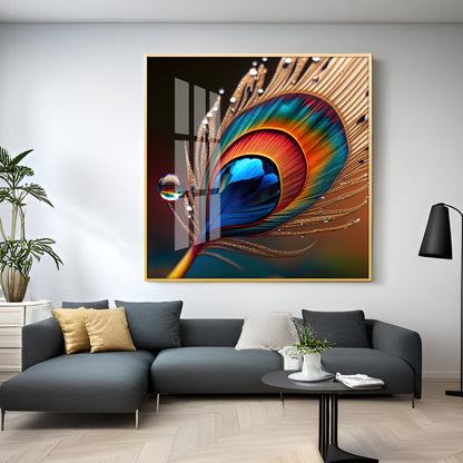 Vibrant Color Peacock Feather Premium Square Vertical Wall Art