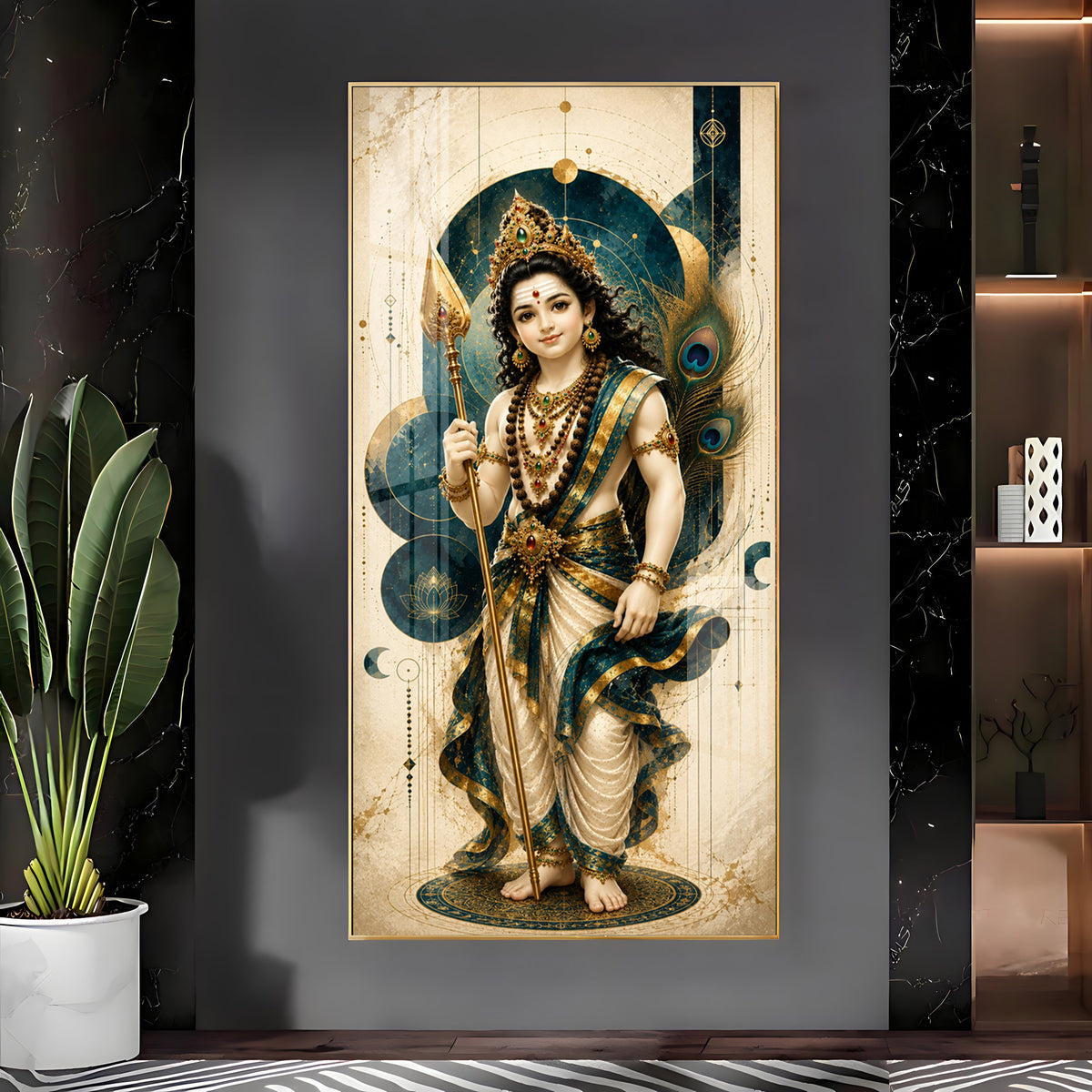 Sacred Lord Murugan & Peacock Feather Premium Acrylic Vertical Wall Art