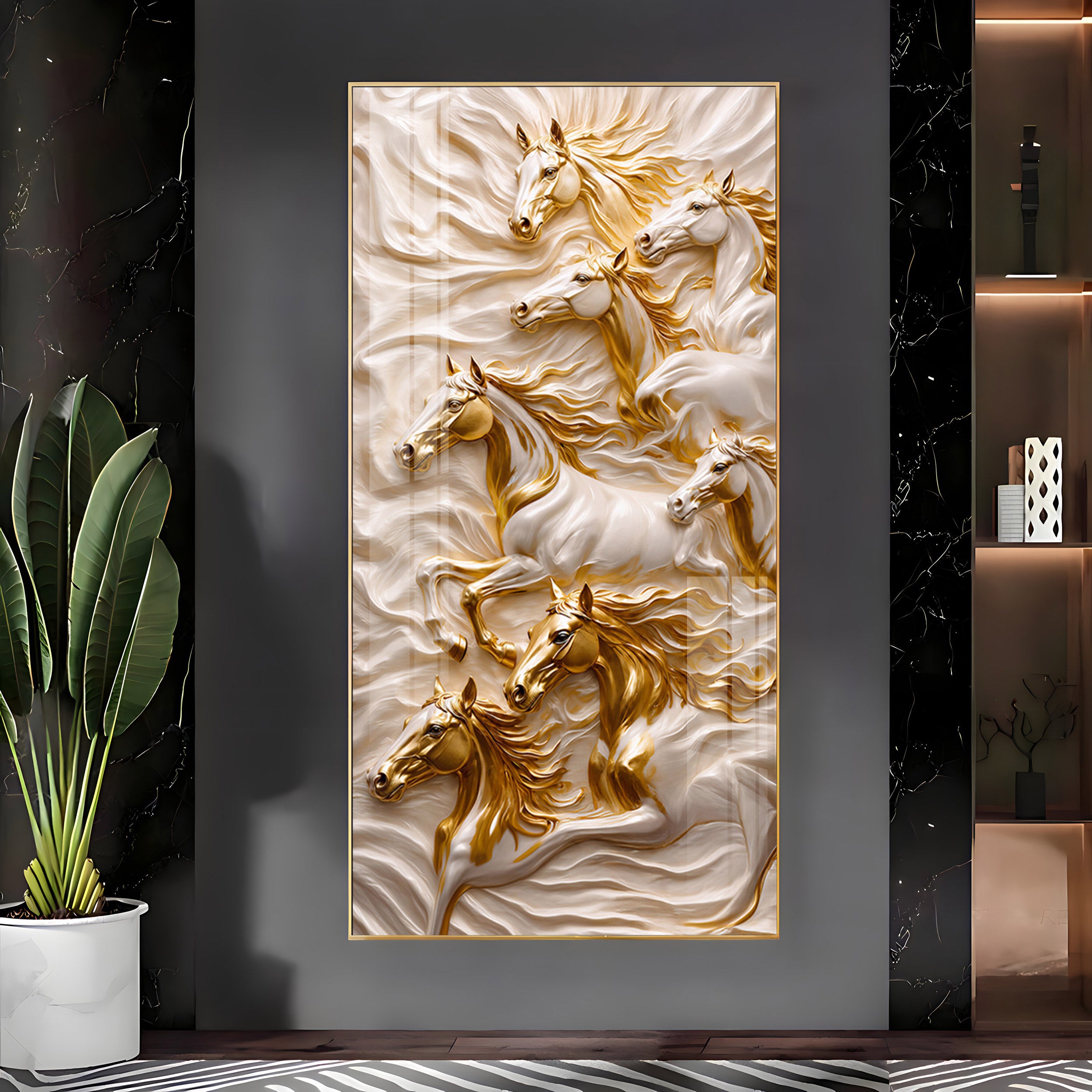 White & Gold Horses Premium Acrylic Vertical Wall Art