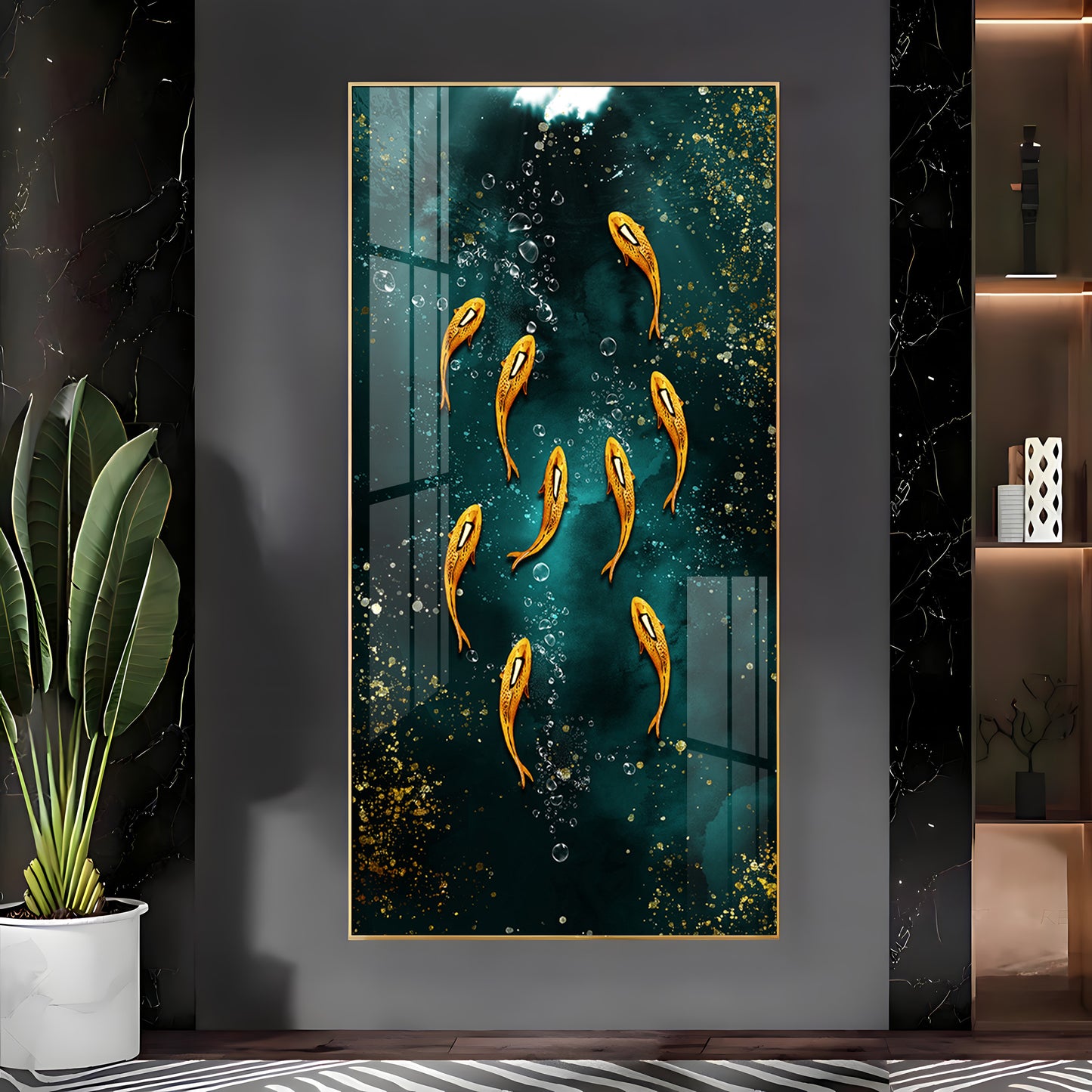 Golden Koi Fishes in Greenery Premium Acrylic Vertical Wall Art