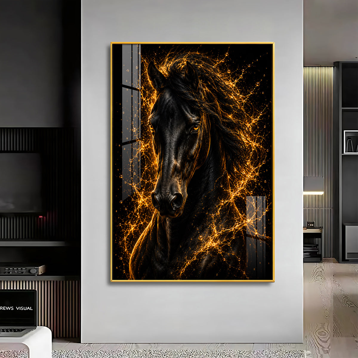 Fiery Golden Black Stallion Premium Acrylic Vertical Wall Art
