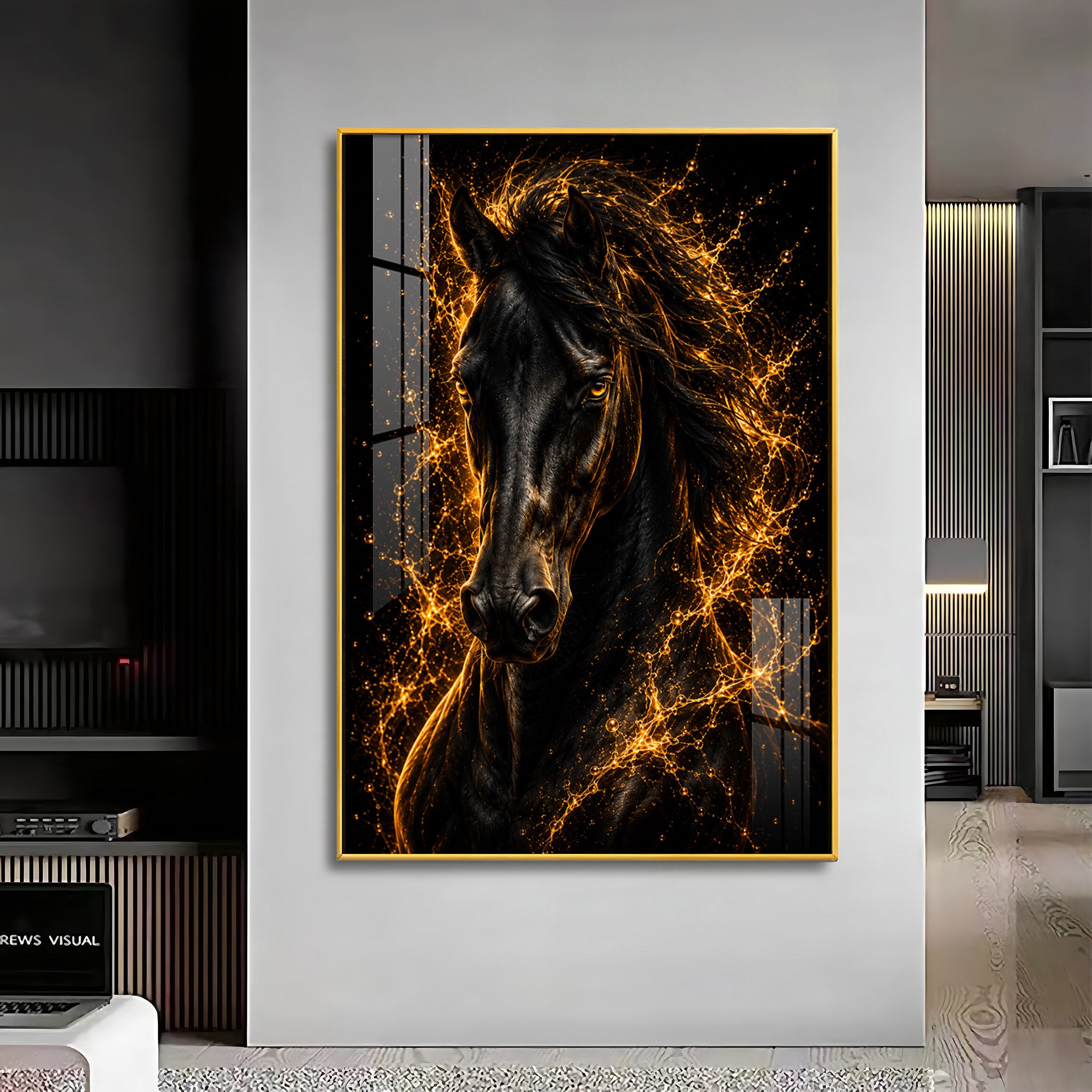 Fiery Golden Black Stallion Premium Acrylic Vertical Wall Art