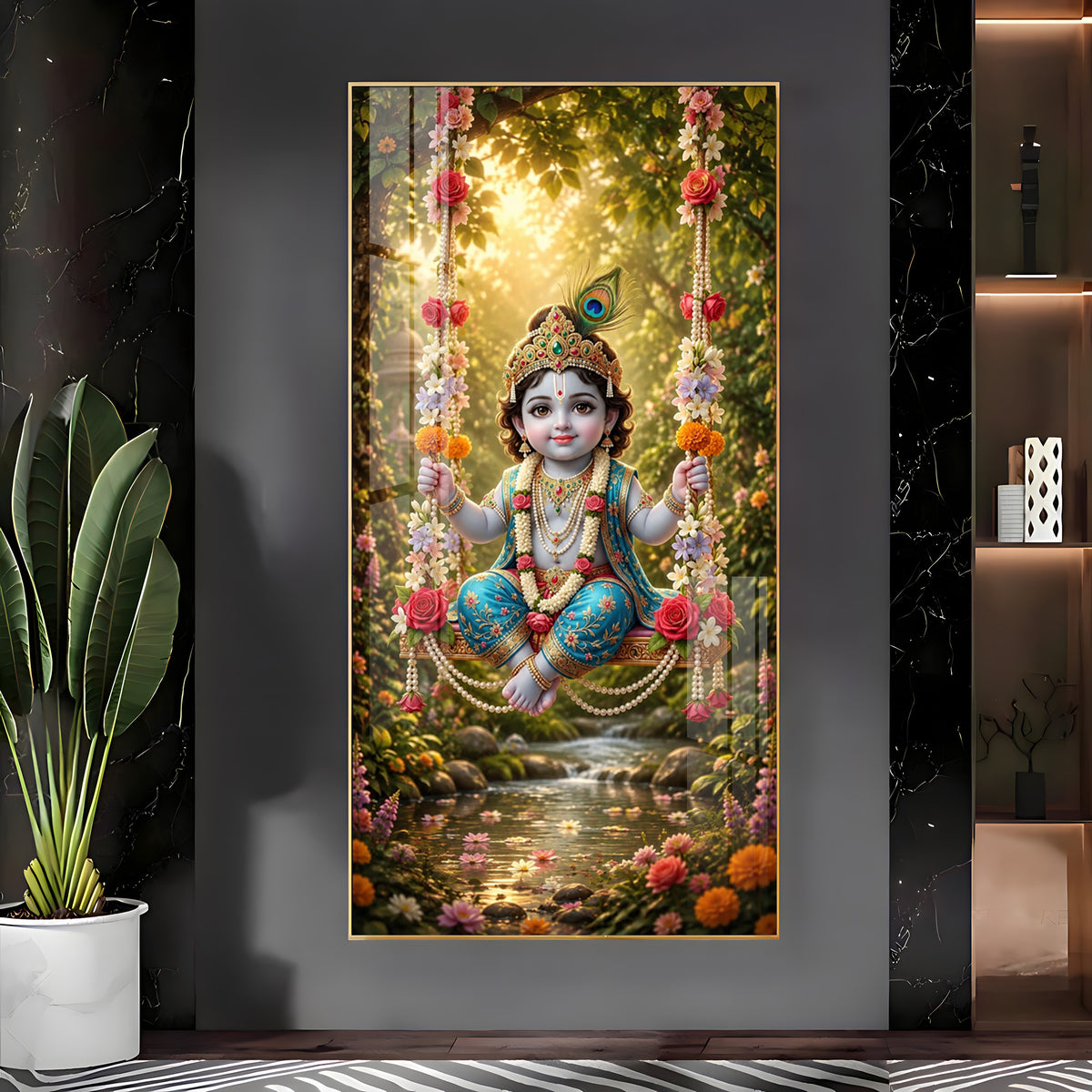 Divine Bal Krishna In Jhula Premium Acrylic Vertical Wall Art