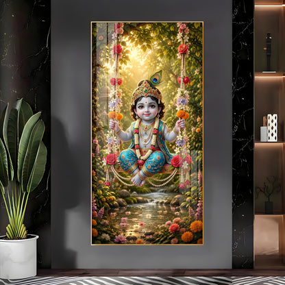 Divine Bal Krishna In Jhula Premium Acrylic Vertical Wall Art