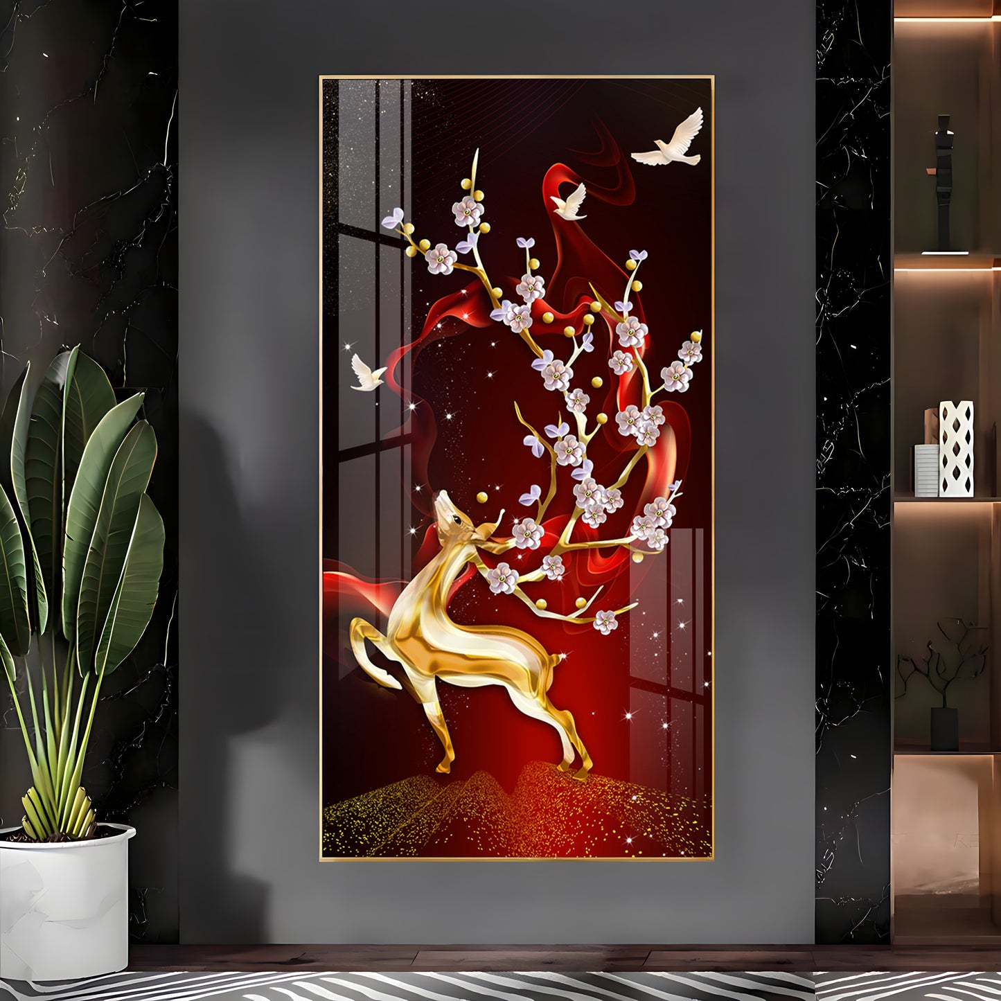 Golden Deer With Red Background Premium Acrylic Vertical Wall Art