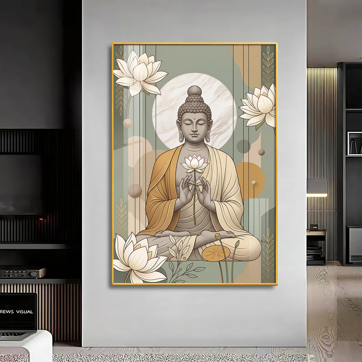 Meditating Buddha & White Lotus Premium Acrylic Vertical Wall Art