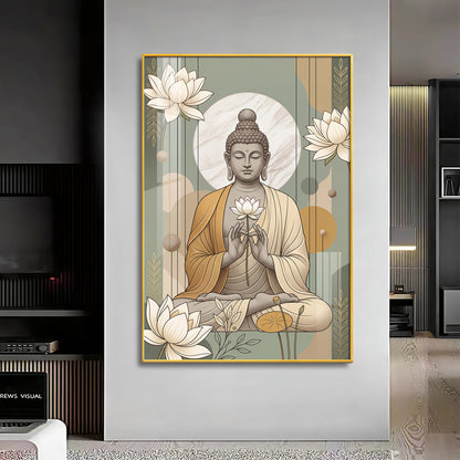 Meditating Buddha & White Lotus Premium Acrylic Vertical Wall Art