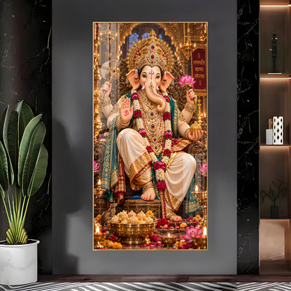 Ganpati Bappa Morya Golden Throne Premium Acrylic Vertical Wall Art