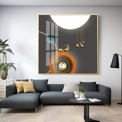 Golden Deer White & Gold Toned Design Premium Acrylic Square Wall Art