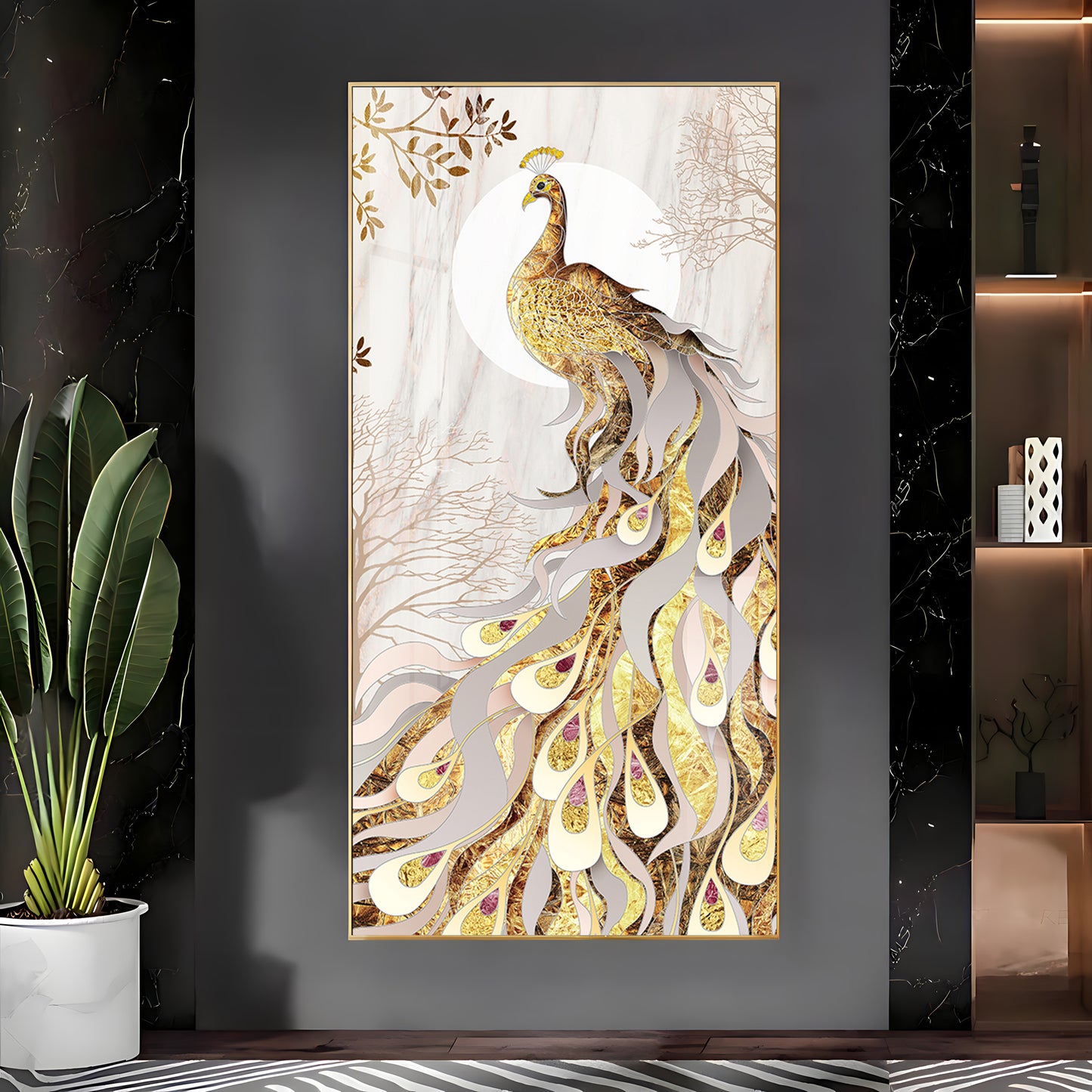 Golden Gradient Peacock Premium Acrylic Vertical Wall Art
