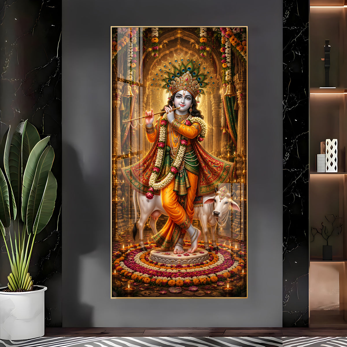 Divine Lord Krishna with Kamadhenu Cow Premium Acrylic Vertical Wall Art